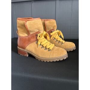 Frye Anise Brown Tan Suede Leather Lace up Hiking Boots Faux Sherpa Lined Size 9